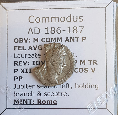 #o033# Roman silver denarius coin of Commodus from 186-187 AD