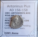 #o108# Roman silver denarius coin of Antoninus Pius from 156-158 AD