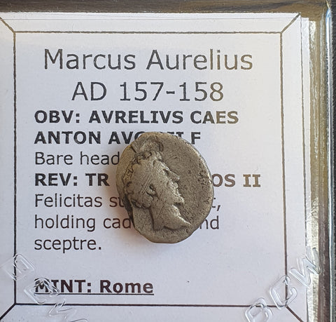 #o047# Roman silver denarius coin of Marcus Aurelius from 156-157 AD