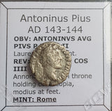 #o071# Roman silver denarius coin of Antoninus Pius from 143-144 AD