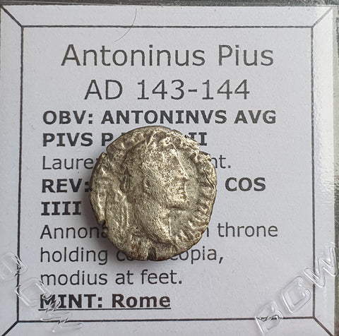 #o071# Roman silver denarius coin of Antoninus Pius from 143-144 AD