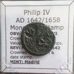 #k968# Spanish Countermarked 4 maravedis coin of Philip IV, 1658 AD