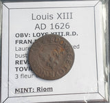 #o377# French copper Double Tournois coin of Louis XII from 1626 AD