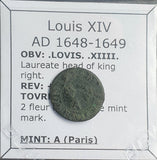 #o375# French copper tournois coin of Louis XIV from 1648-1649 AD