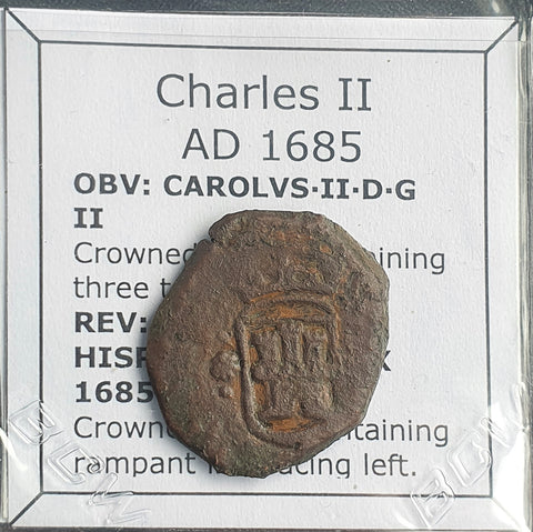 #o371# Spanish Medieval 2 maravedis coin of Charles II from 1685 AD