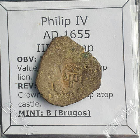 #o218# Spanish Countermarked 4 maravedis coin of Philip IV, 1655 AD