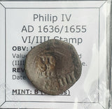 #K596# Spanish Countermarked 4 maravedis coin of Philip IV, 1655 AD