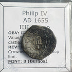 #o285# Spanish Countermarked 4 maravedis coin of Philip IV, 1655 AD