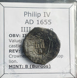 #o285# Spanish Countermarked 4 maravedis coin of Philip IV, 1655 AD