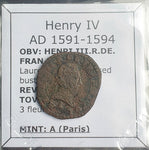 #o376# French copper double tournois coin of Henry IV from 1591-1594 AD