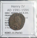 #o376# French copper double tournois coin of Henry IV from 1591-1594 AD