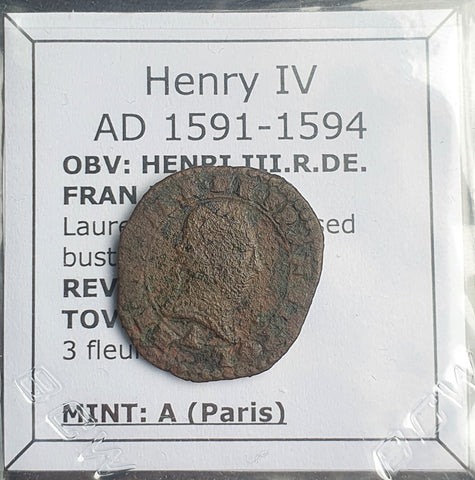 #o376# French copper double tournois coin of Henry IV from 1591-1594 AD