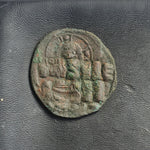 #o199# Byzantine 'over-struck' Follis coin of Constantine IX from 1042-1055 AD