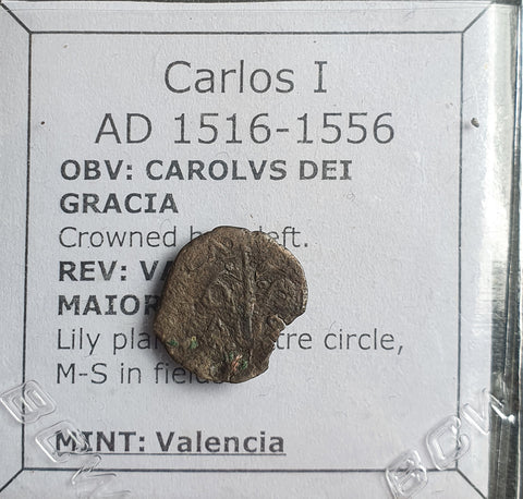 #o129# Spanish Medieval dinar coin of Charles I from 1516-1556 AD