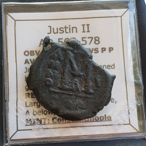 #g977# Byzantine Follis coin of Justin II from 565-578 AD