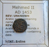 #l064# Ottoman copper Mangir coin of Mehmed II from 1453 AD