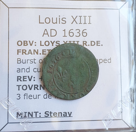 #o172# French copper double tournois coin of Louis XIII from 1636 AD