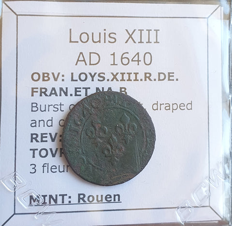 #o173# French copper double tournois coin of Louis XIII from 1640 AD