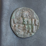 #o199# Byzantine 'over-struck' Follis coin of Constantine IX from 1042-1055 AD