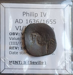 #o273# Spanish Countermarked 4 maravedis coin of Philip IV, 1655 AD