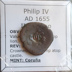 #o220# Spanish Countermarked 6 maravedis coin of Philip IV, 1655 AD