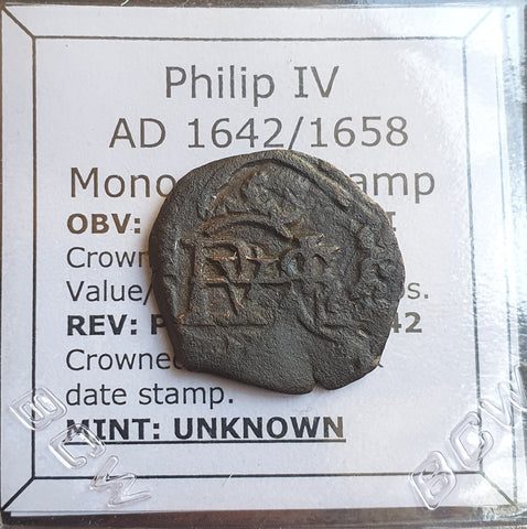 #o229# Spanish Countermarked 4 maravedis coin of Philip IV, 1658 AD