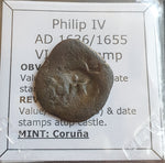 #o221# Spanish Countermarked 4 maravedis coin of Philip IV, 1655 AD