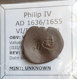 #o222# Spanish Countermarked 4 maravedis coin of Philip IV, 1655 AD