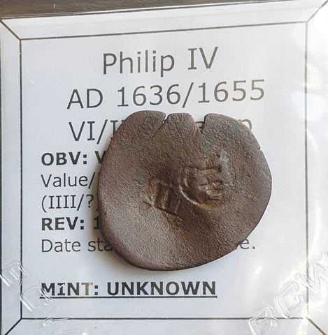 #o222# Spanish Countermarked 4 maravedis coin of Philip IV, 1655 AD