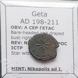 #M914# Roman provincial bronze coin of Geta from 198-211 AD (Nikopolis)