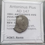 #M976# Roman silver denarius coin of Antoninus Pius from 147 AD