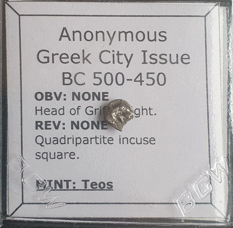 #M439# Anonymous silver Greek city issue Tetartemorion from Teos, 540-450 BC