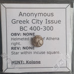 #M436# Greek city issue silver obol coin from Kolone, 400-300 BC