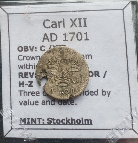 #K971# Swedish silver 1 Öre coin of Karl XII from 1701 AD