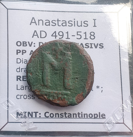 #L915# Byzantine Follis coin of Anastasius I from 491-518 AD