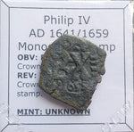 #K592# Spanish Countermarked 4 maravedis coin of Philip IV, 1659 AD