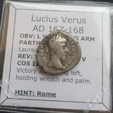 #N140# Roman silver denarius coin of Lucius Verus from 167-168 AD