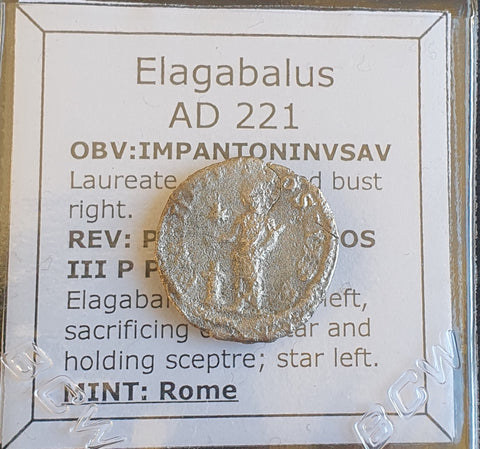 #N196# Roman silver denarius coin of Elagabalus from 221 AD