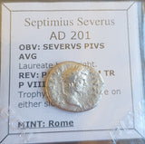 #N199# Roman silver denarius coin of Septimius Severus from 201 AD