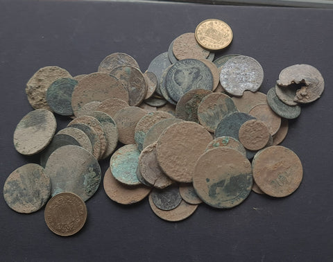 Lot of 70 uncleaned Modern Spanish coins 1850-1950 AD (metal detector finds)