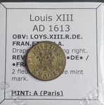 #N294# French copper denier tournois coin of Louis XIII from 1613 AD