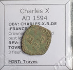 #N783# French copper double tournois coin of Charles X from 1594 AD