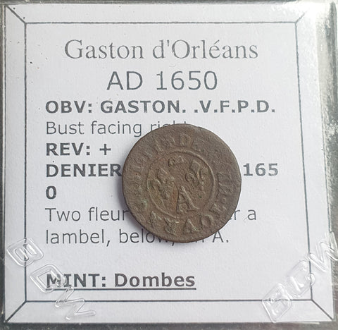 #N833# French copper denier tournois coin of Gaston d'Orleans from 1650 AD