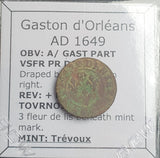 #N293# French copper denier tournois coin of Gaston d'Orleans from 1649 AD