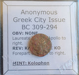 #N899# Anonymous Greek bronze coin from Kolophon from 309-294 BC