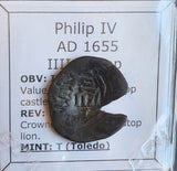 #o275# Spanish Countermarked 4 maravedis coin of Philip IV, 1655 AD