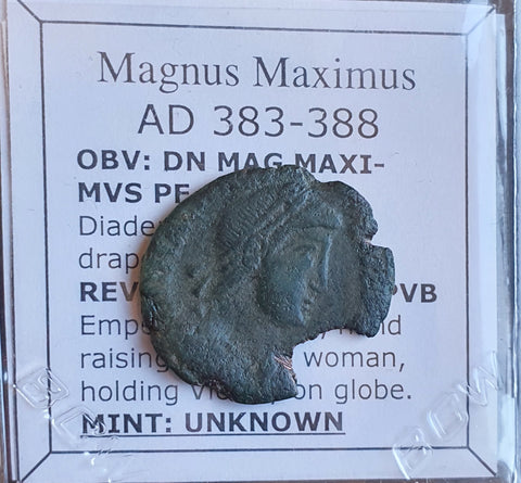 #N517# Rare Roman Bronze coin issued by Magnus Maximus from 383-388 AD