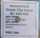 #j160# Anonymous silver Greek city issue Tetartemorion from Teos, 540-450 BC