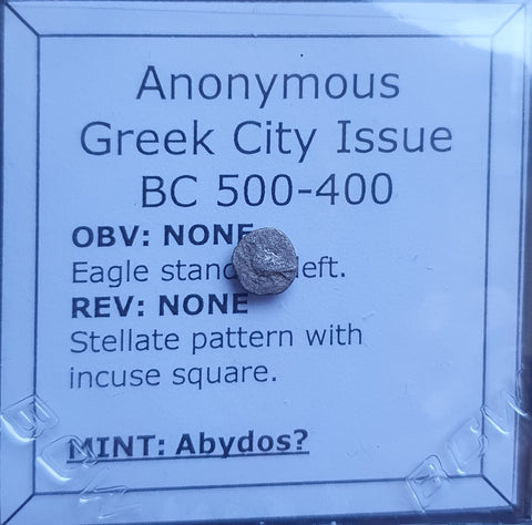 #o499# Rare Anonymous Greek City Issue silver Tetartemorion of Abydos from 500-400 BC