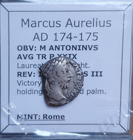 #o323# Roman silver denarius coin of Marcus Aurelius from 174-175 AD